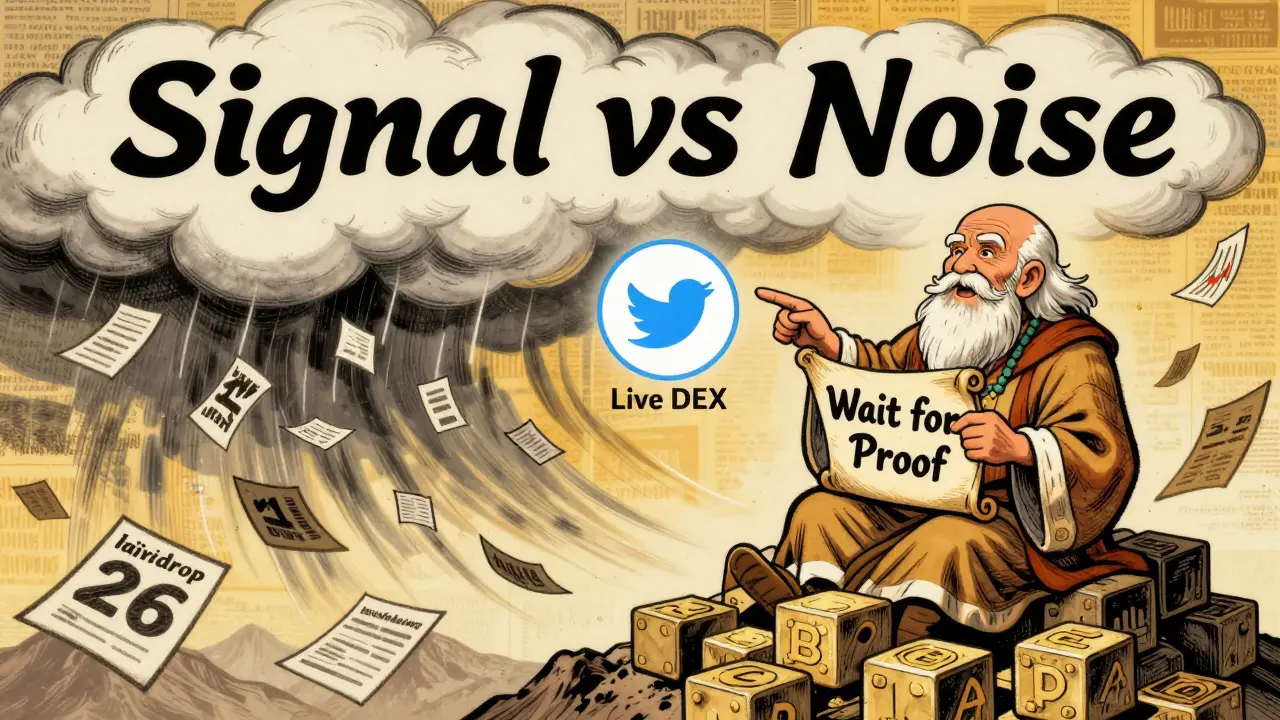 A wise crypto sage on a blockchain mountain pointing to verified signals amid a storm of fake airdrop flyers.