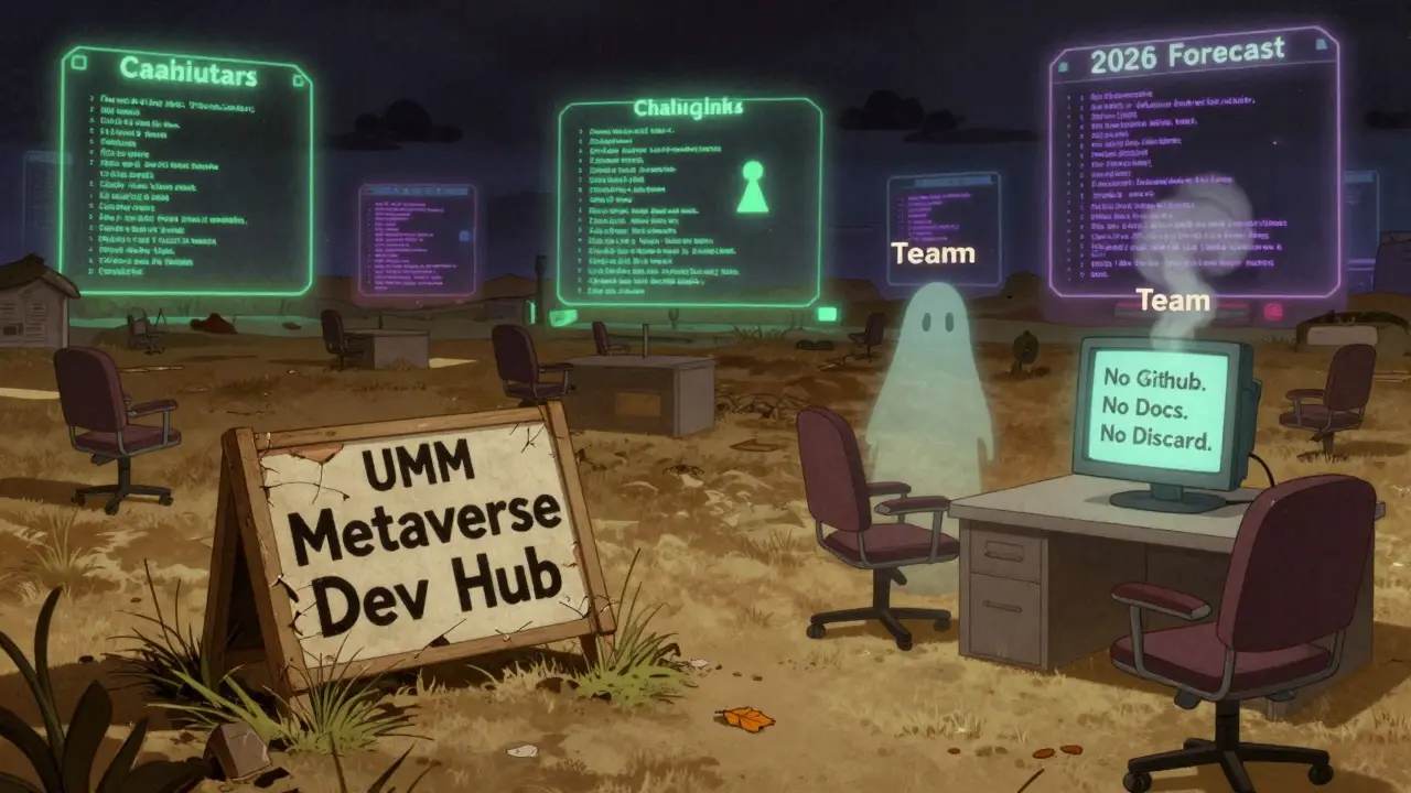 Abandoned UMM development hub with fading sign in deserted digital landscape.