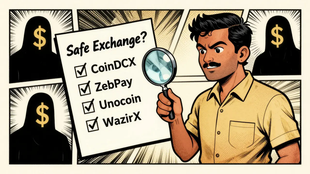 An Indian trader checks a safety list while sinister crypto exchanges loom as shadowy figures in retro comic style.