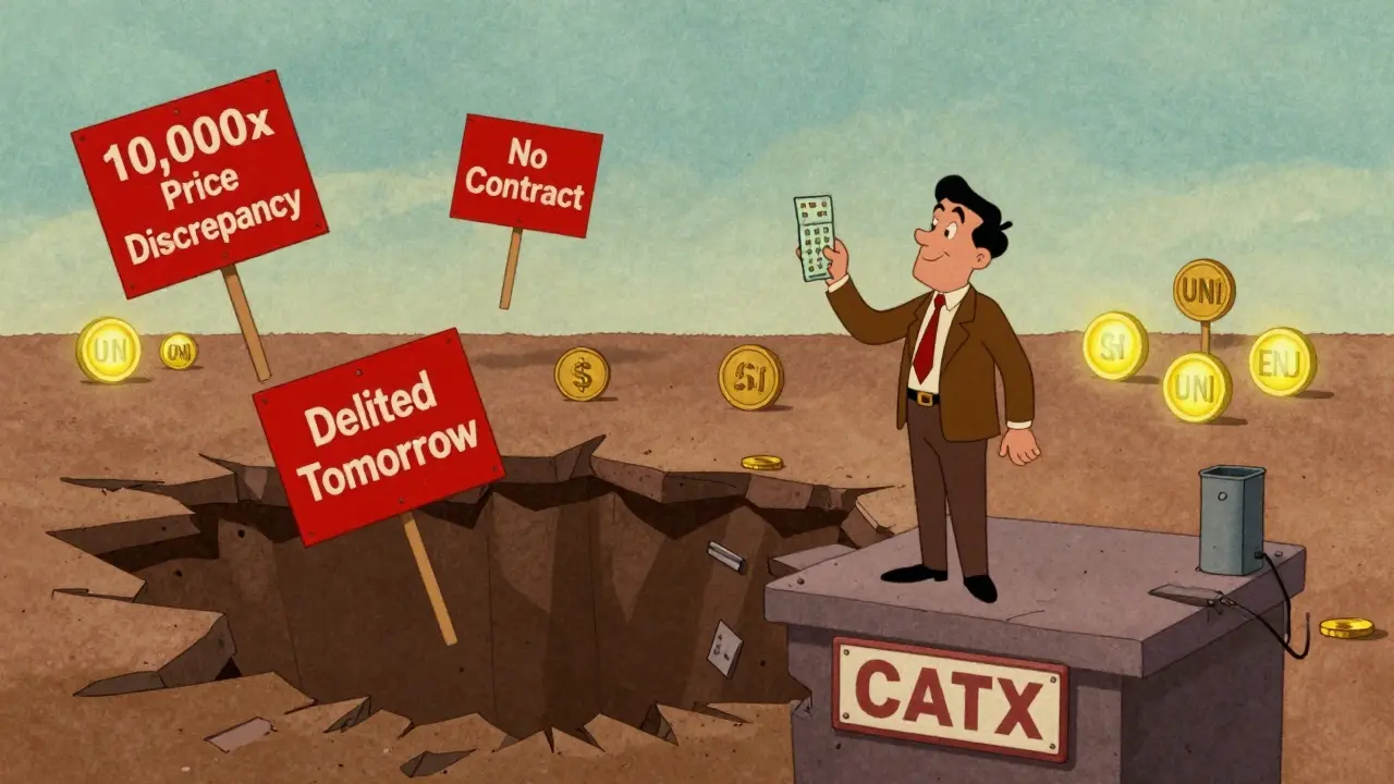 An investor standing on collapsing ground labeled CATX as warning signs float around them.
