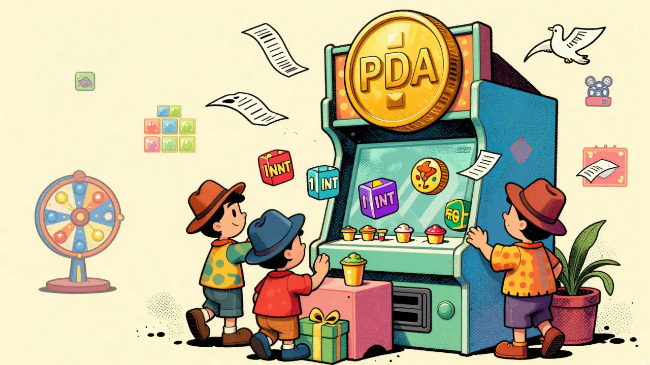 Cartoon characters trading NFTs at a retro arcade-shaped marketplace, playful 1940s comic style.