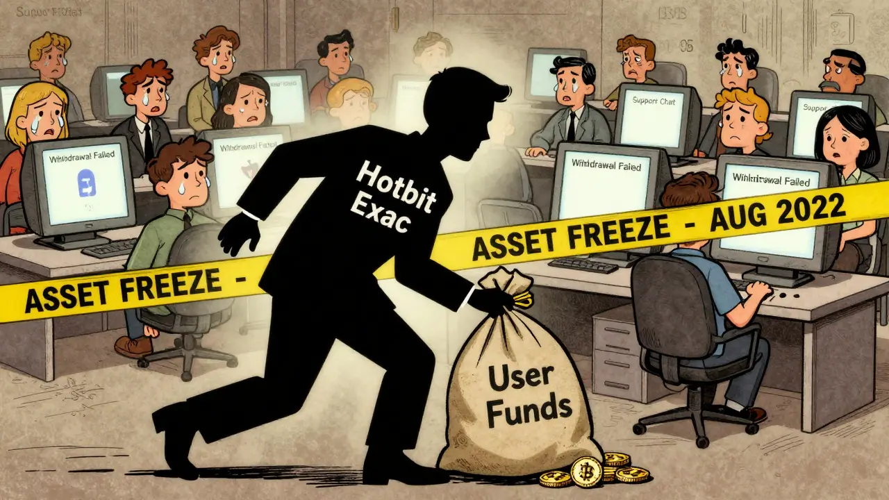 Cartoon of a Hotbit executive fleeing with user funds as police freeze assets.