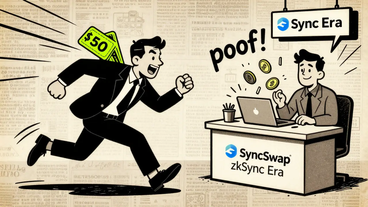 Contrast between frantic Ethereum trader with  bill and calm SyncSwap user in retro comic street scene.