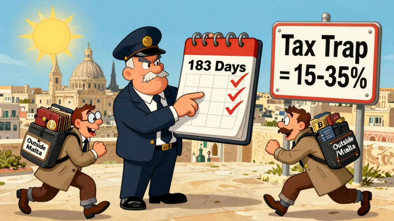 Crypto trader sneaking past a tax inspector with '183 Days' calendar, avoiding a 'Remittance' trap.