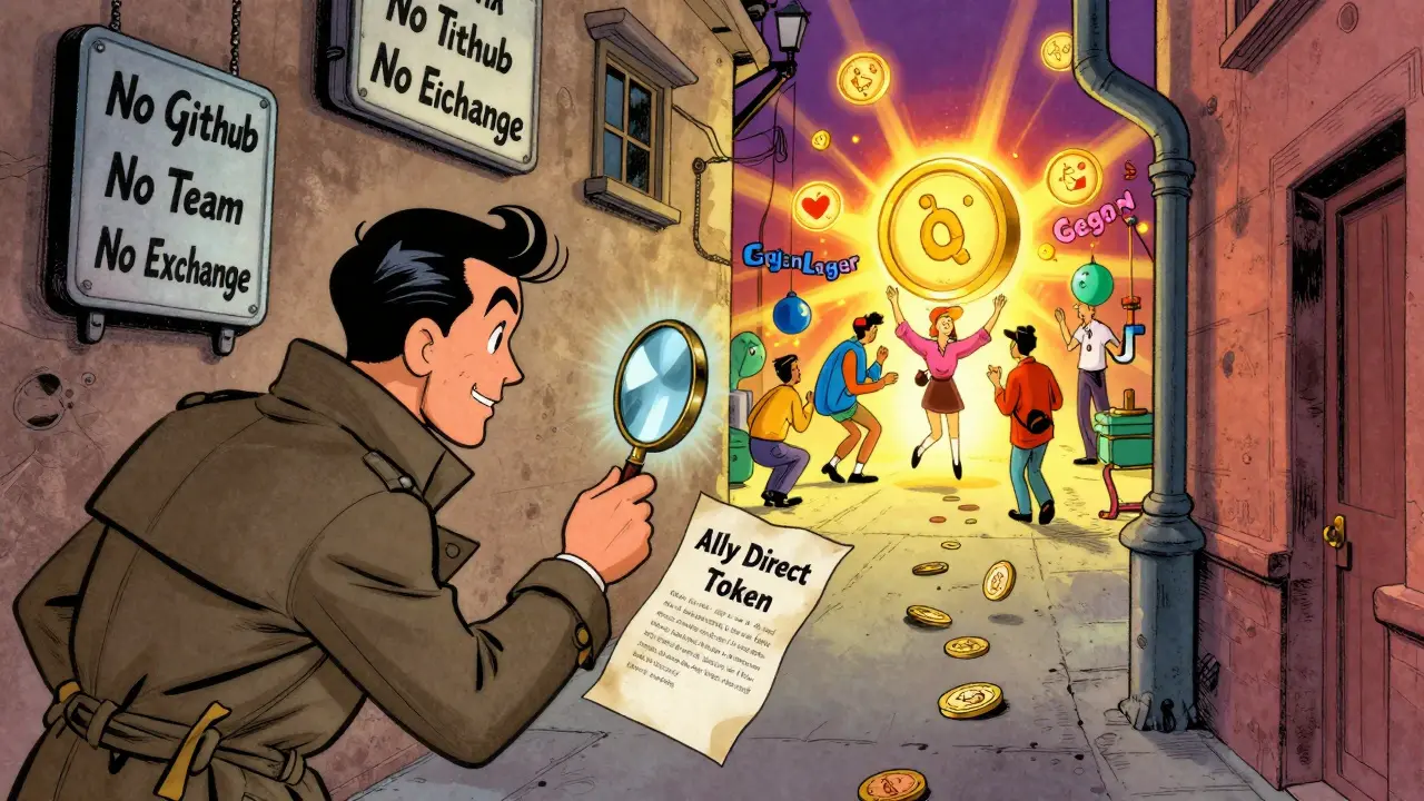 Detective examining a dead DRCT whitepaper as real airdrops shine brightly in the distance.