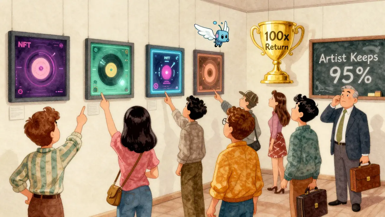 Fans admire glowing music NFTs in a digital gallery as one NFT flies toward a golden trophy labeled '100x Return'.