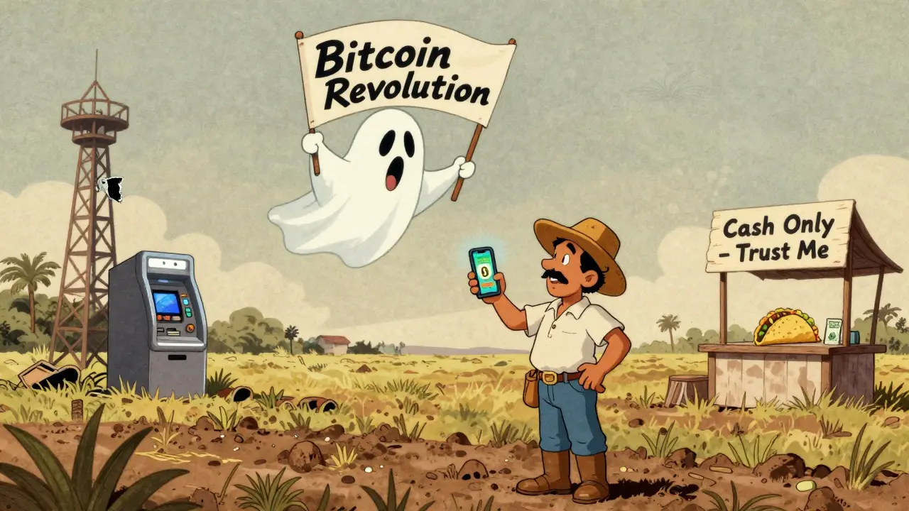 Farmer with empty Bitcoin phone, ghost president above, abandoned ATM beside a cash-only taco stand.