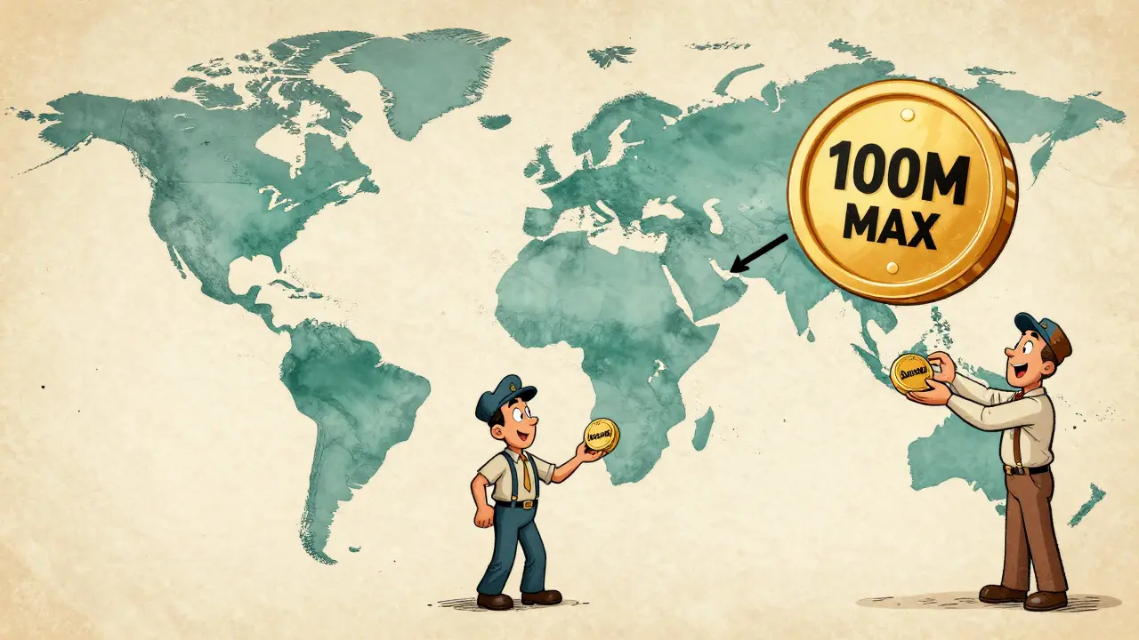 Global map with cartoon figures exchanging AQUARI tokens, arrows linking regions, giant token labeled '100M MAX' floating above.