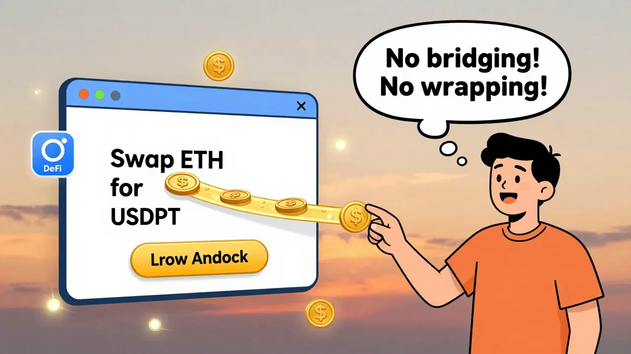 Happy user swapping tokens with seamless DeFi flow, no bridging needed, in whimsical cartoon style.