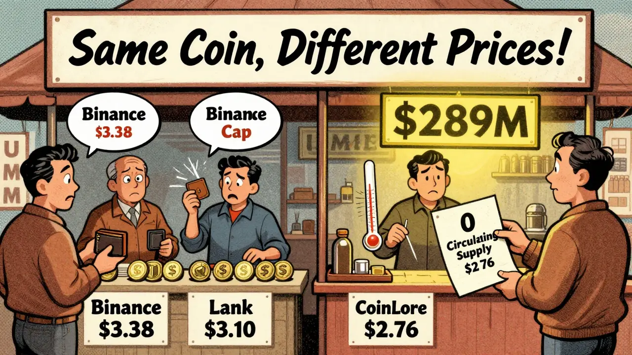 Market stalls with wildly different UMM token prices in 1950s cartoon aesthetic.