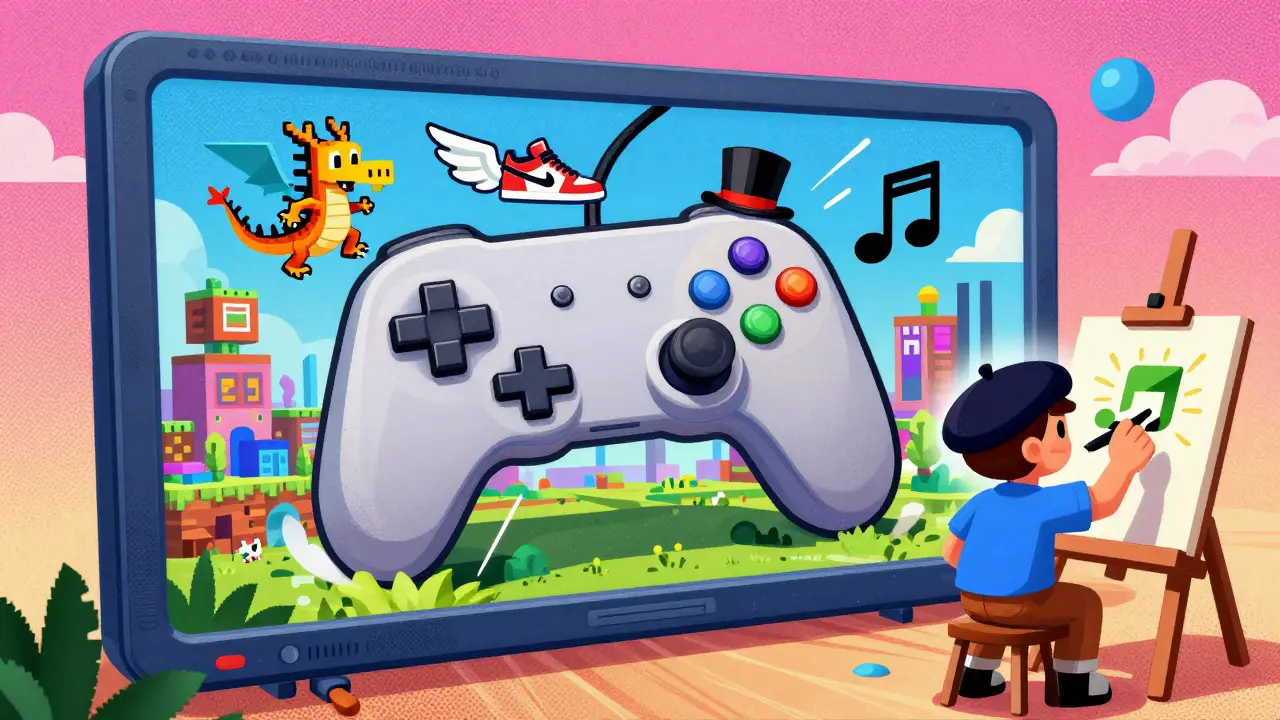 NFT characters like a dragon and virtual sneaker leap from a game screen into a vibrant digital world as an artist draws new ones.