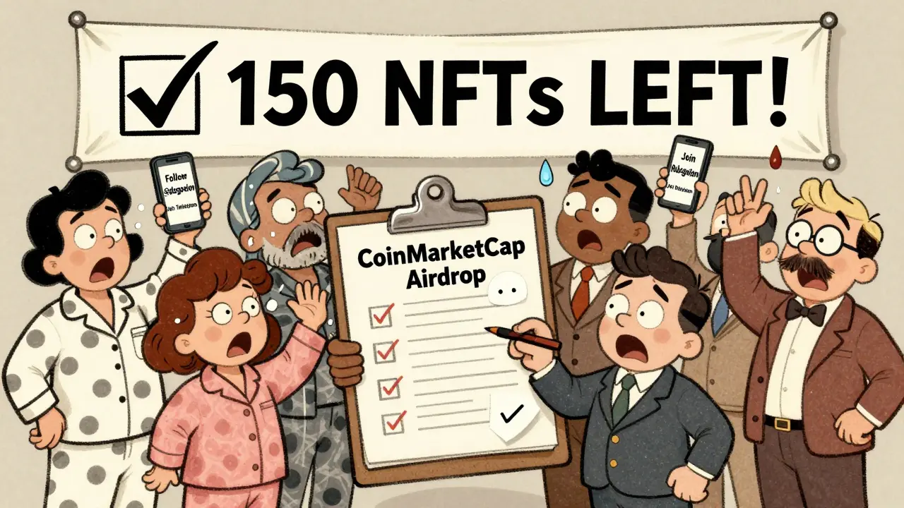 People frantically fill out an airdrop form as social media icons float above them in retro cartoon style.