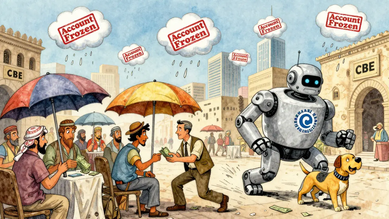 People trading cash for crypto in the street as giant 'Account Frozen' stamps rain from bank clouds.