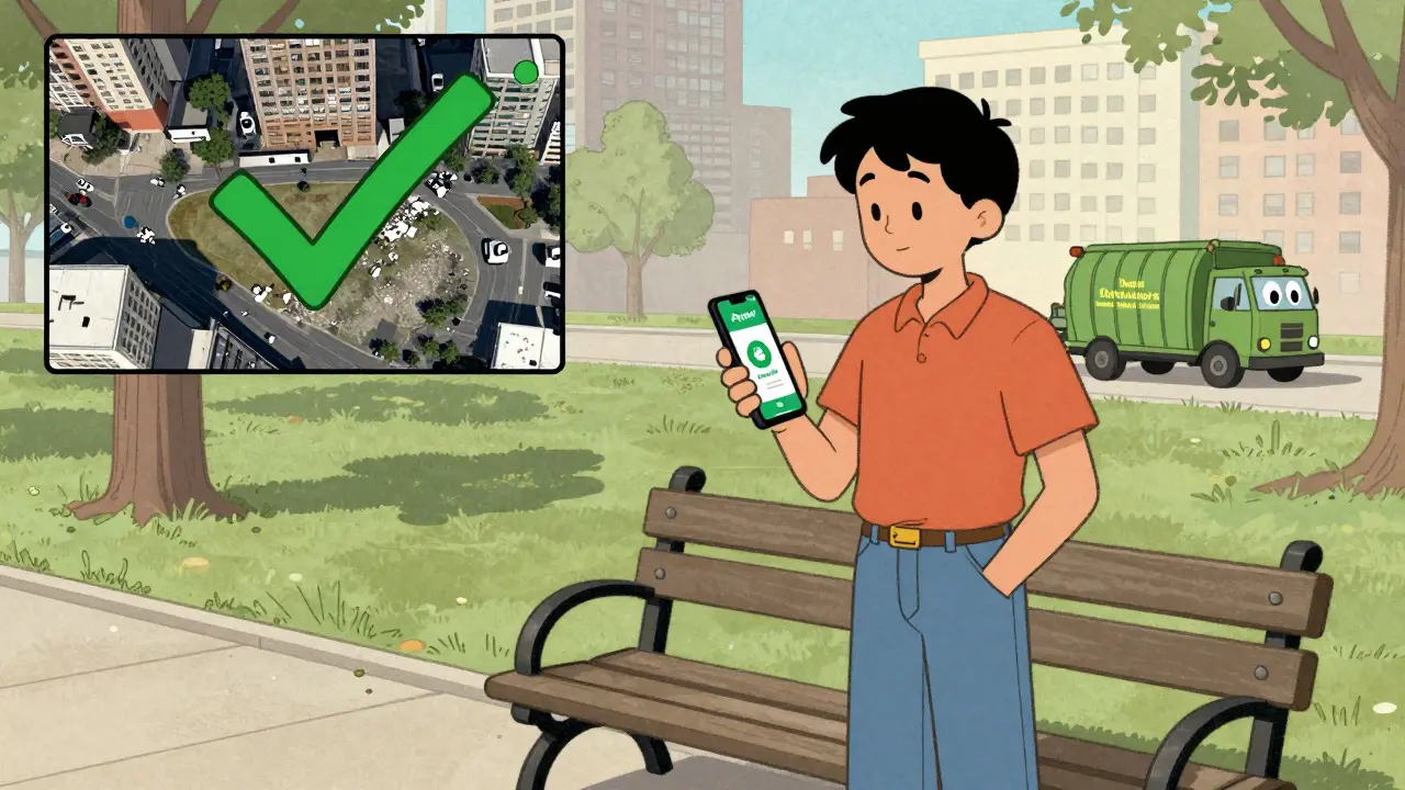 Person using Aquari app in a clean U.S. park, satellite verification checkmark above, Waste Management truck nearby.