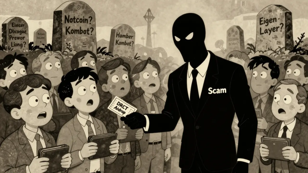 Sinister figure handing out fake DRCT airdrop tickets to eager people while dead crypto projects loom in the background.