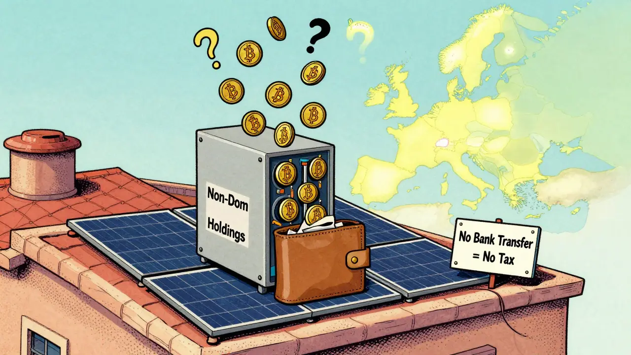 Solar-powered mining rig in Malta sending coins to a wallet labeled 'Outside Malta', EU map glowing in background.