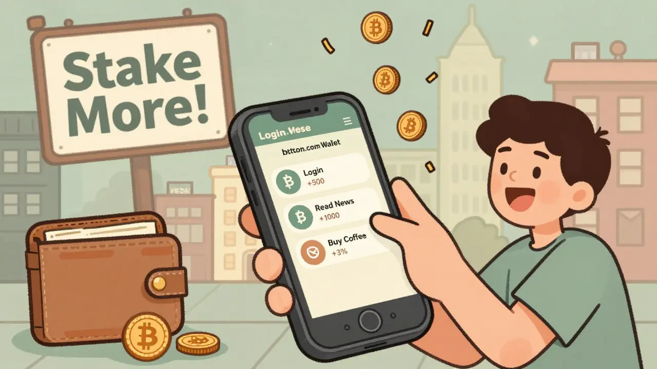 Someone receiving VERSE tokens as confetti from their Bitcoin.com app screen in a retro cartoon scene.