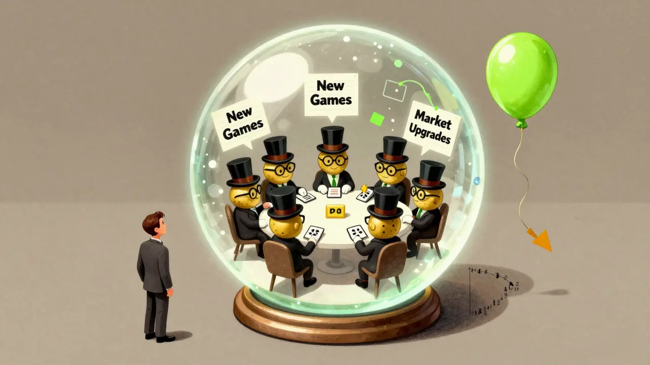 Tiny PDA tokens voting in a glowing orb while an investor watches a falling price chart, vintage cartoon scene.