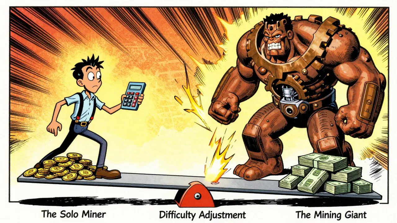 A cartoon showdown between a small miner and a giant mining corporation on a seesaw labeled 'Difficulty Adjustment'.