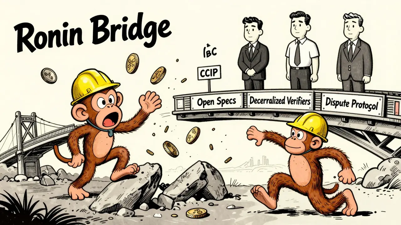 A collapsing bridge with falling coins while three standards stand firm on a sturdy one, in 1950s cartoon style.