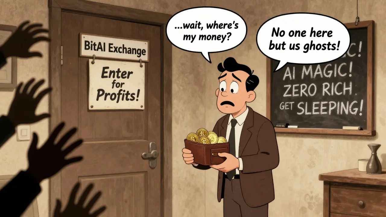 A confused investor stands before a locked BitAI door with shadowy hands reaching out, while a chalkboard lists impossible promises.