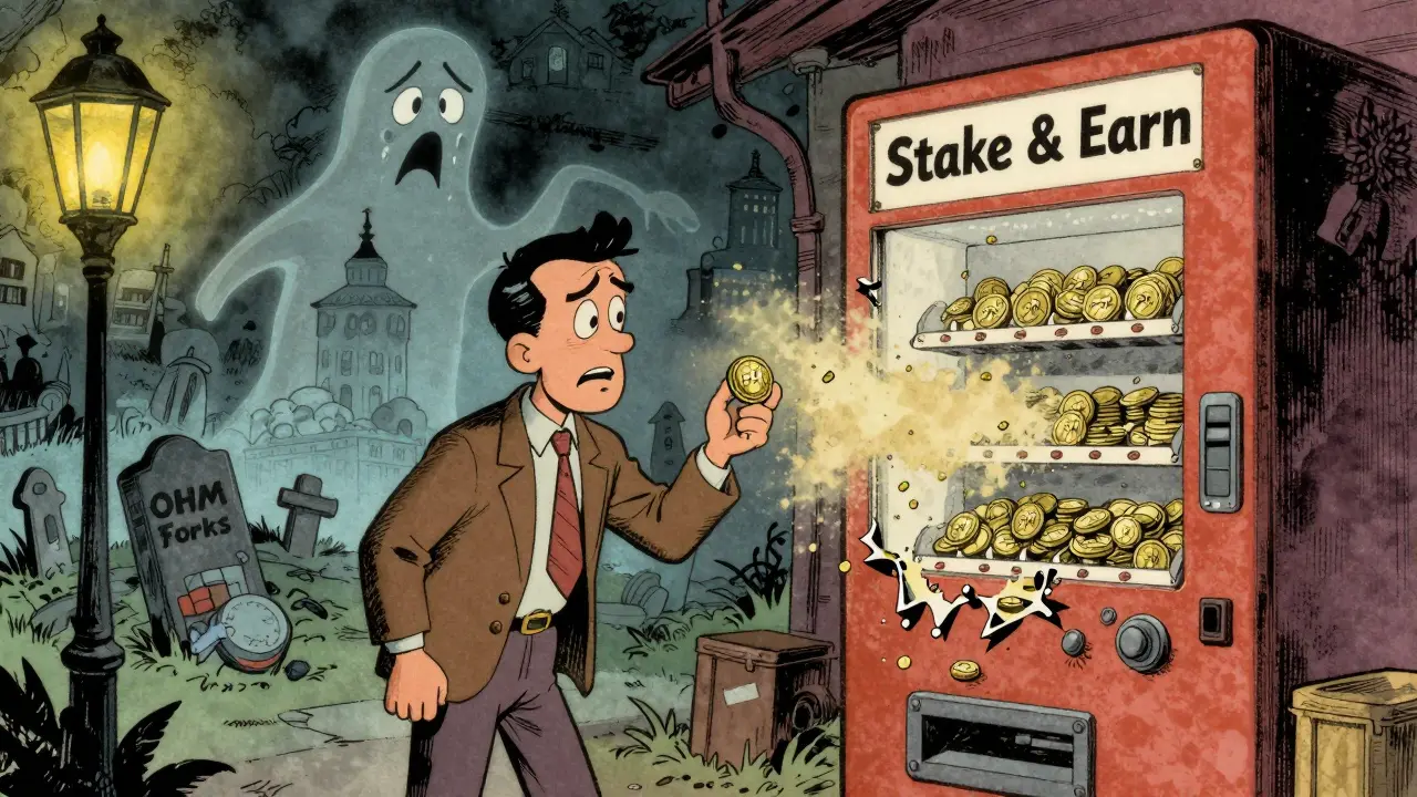 A confused investor stares at a broken staking machine that spits out dust.