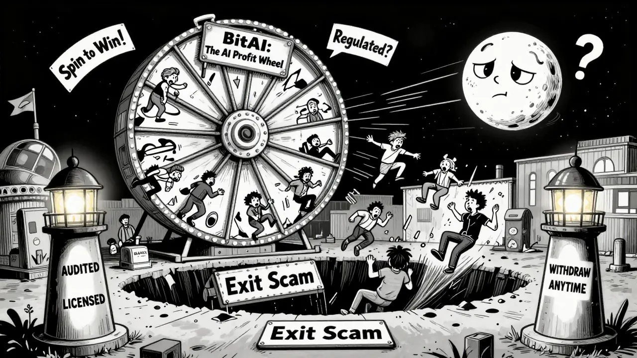 A crumbling carnival ride called 'BitAI' flings users into a pit labeled 'Exit Scam', while real exchanges shine like lighthouses nearby.