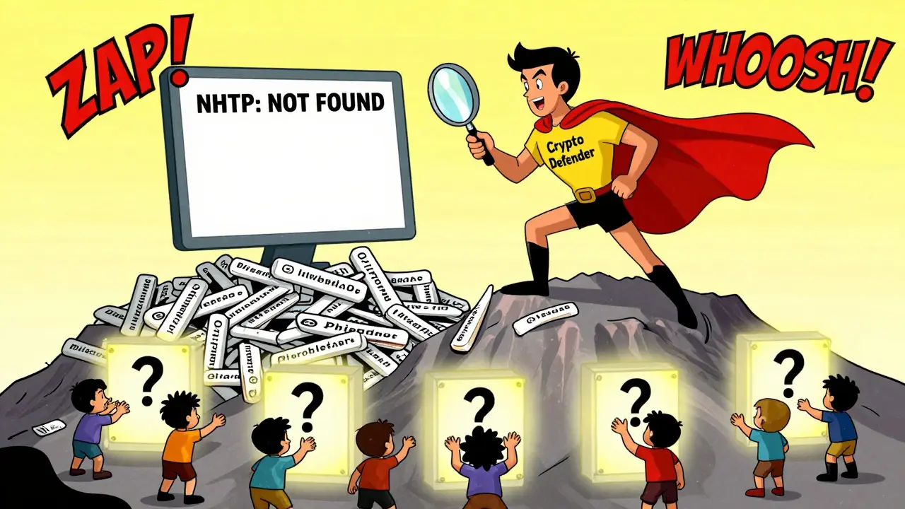 A crypto hero stands over discarded phishing links, inspecting a blank blockchain screen in vintage cartoon illustration.