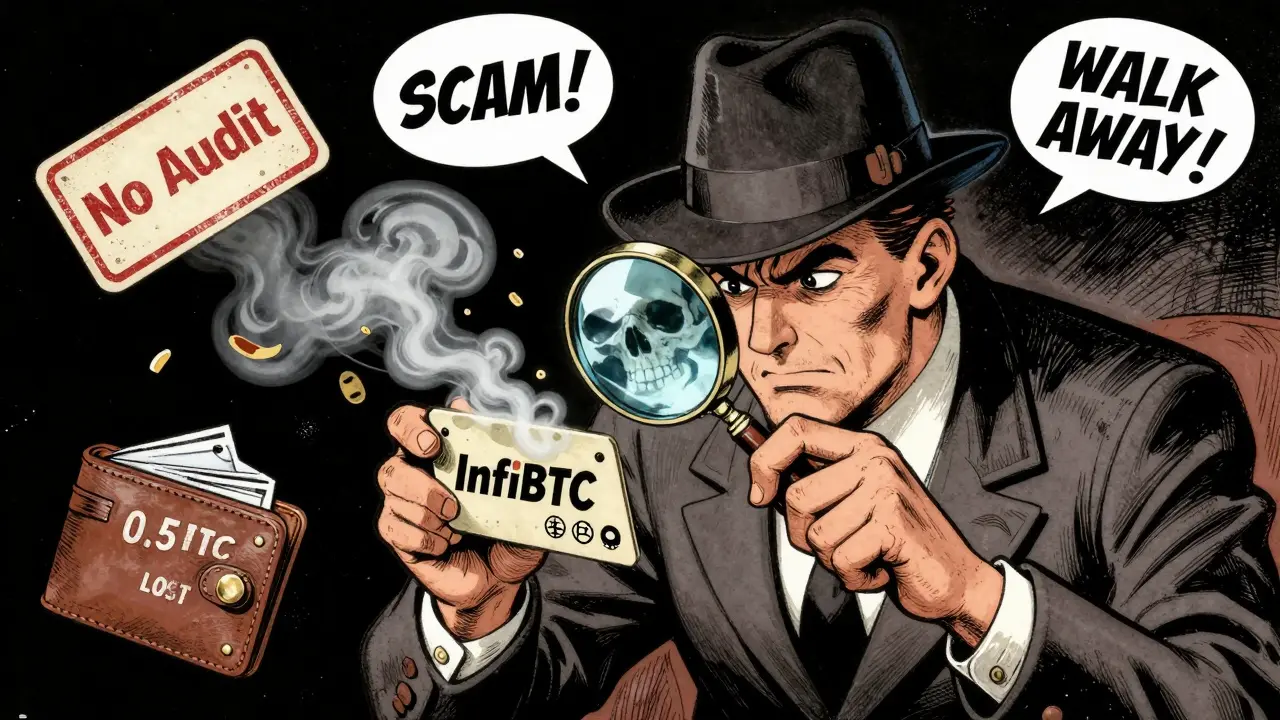 A detective uncovers a scam as an InfiBTC card turns to smoke, revealing a skull in noir cartoon style.
