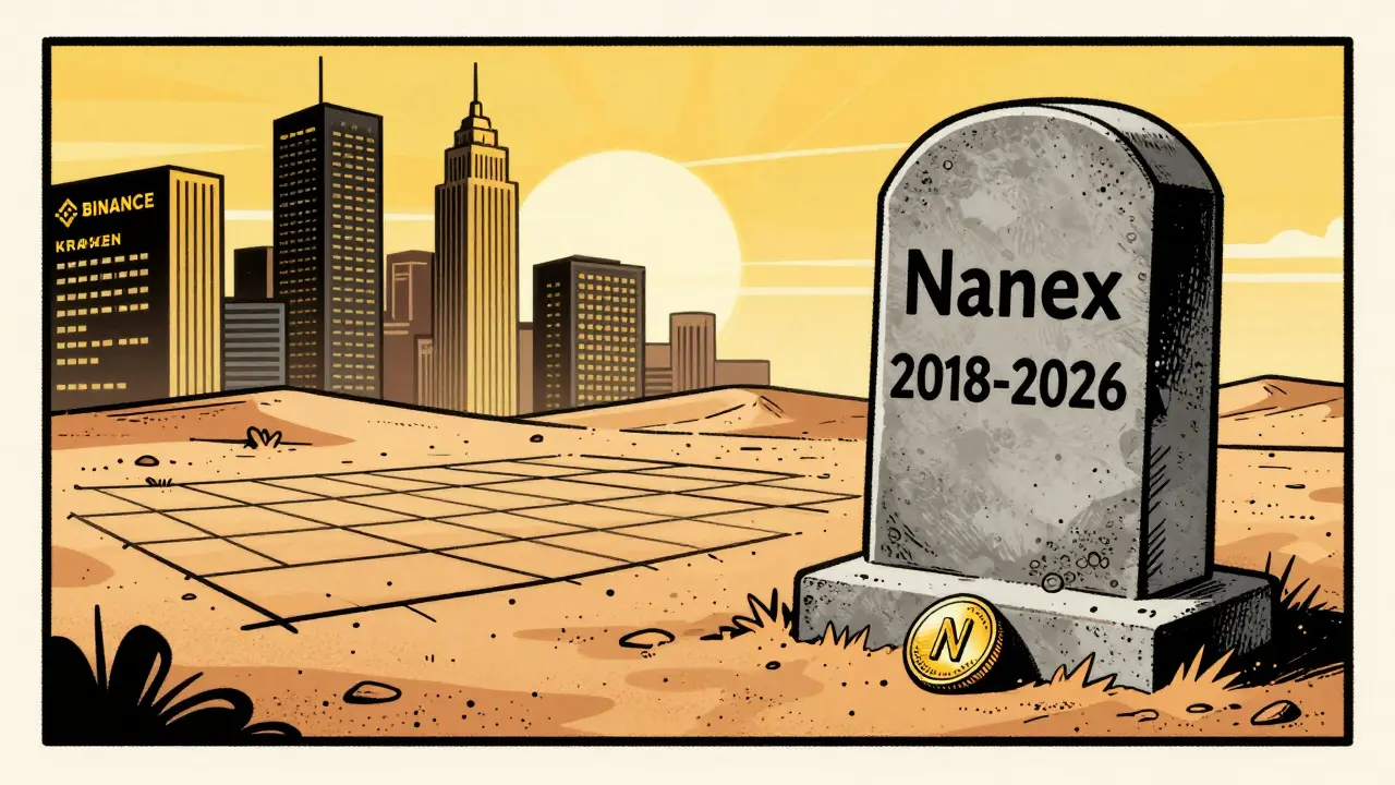 A digital tombstone for Nanex beside a lone NANO coin, while other exchanges shine in the distance.