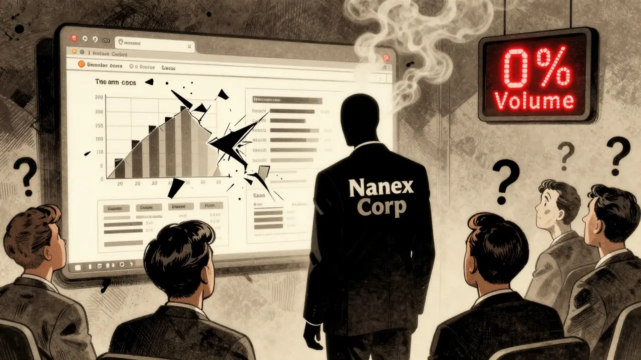 A faceless company vanishing behind a crumbling website with broken charts and zero volume.