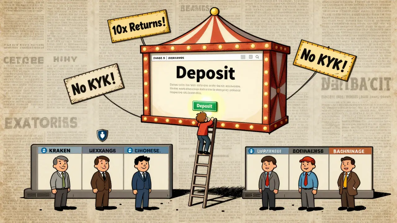 A fake crypto exchange floats above real, trustworthy platforms in a satirical 1950s comic scene.