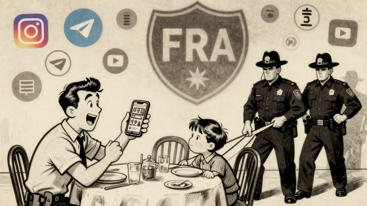 A family at dinner reacts as one member is arrested for sharing crypto ads on their phone, with official seals watching.