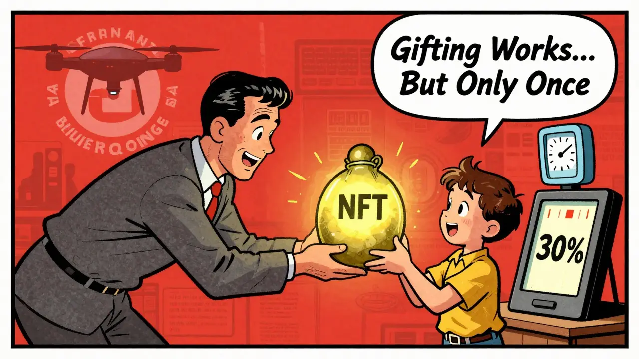 A family passes an NFT between them as a tax meter rises, while an AI drone scans blockchain data in the background.