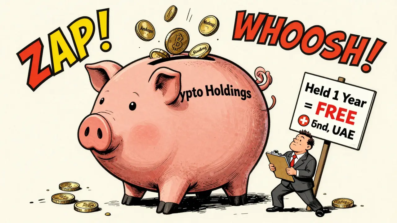 A giant crypto piggy bank is filled with staking and airdrop coins, blocked from IRS by a 'Held 1 Year = FREE' sign.