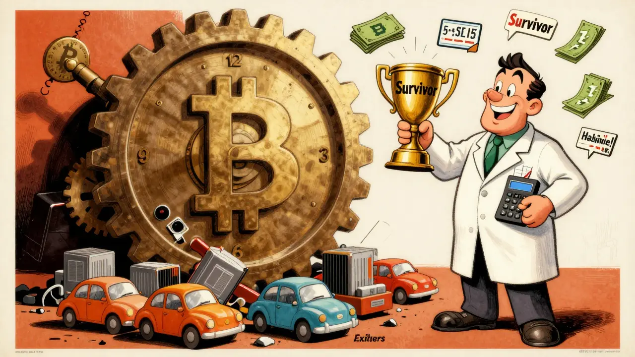 A giant gear crushes old miners as a modern miner celebrates, symbolizing difficulty's relentless rise.