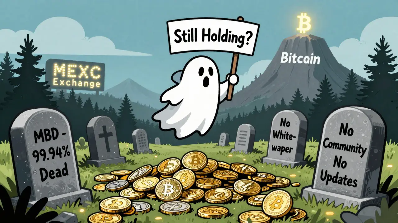 A graveyard of dead crypto coins with a ghostly figure holding a 'Still Holding?' sign, in vintage cartoon style.
