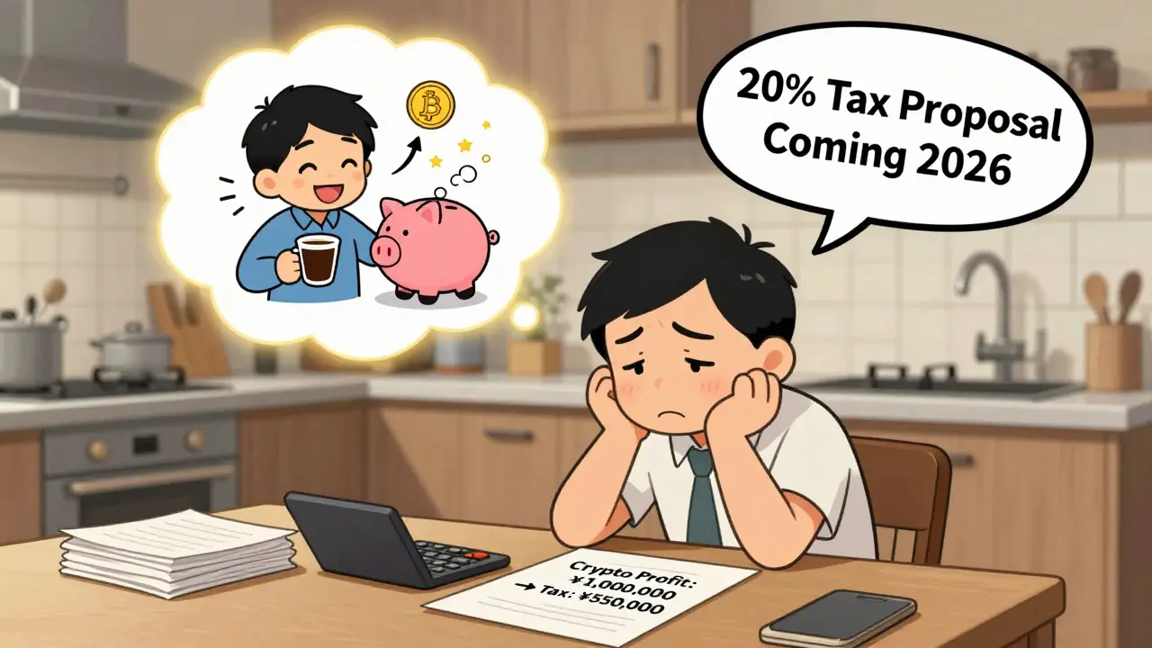 A Japanese man at home staring at high crypto taxes, dreaming of tax-free crypto in Dubai.