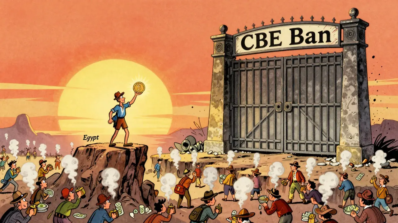 A lone figure stands before a closing gate labeled 'CBE Ban' while millions below use crypto anyway, in ironic contrast.
