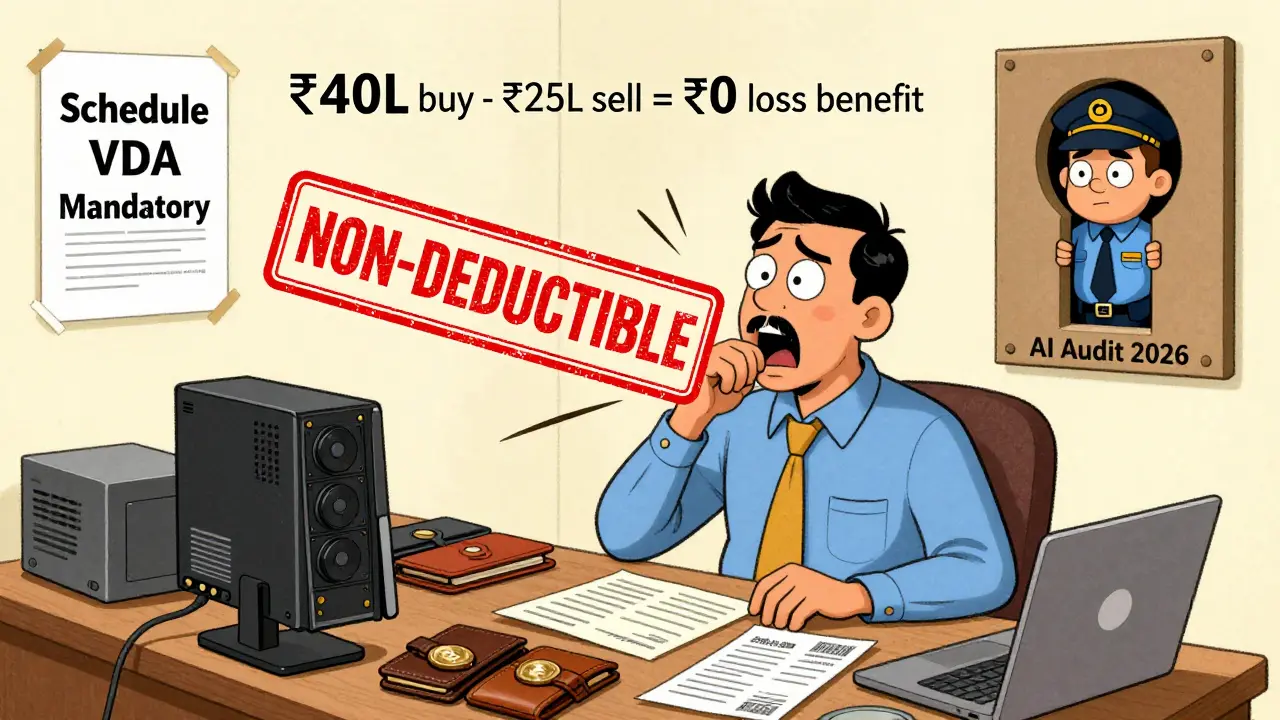 A trader's crypto expenses are stamped 'NON-DEDUCTIBLE' as a tax inspector watches through a keyhole labeled 'AI Audit 2026'.