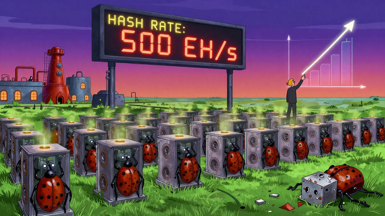 A vast industrial mining farm with hundreds of ASIC miners under a Texas sky, digital hash rate soaring above.