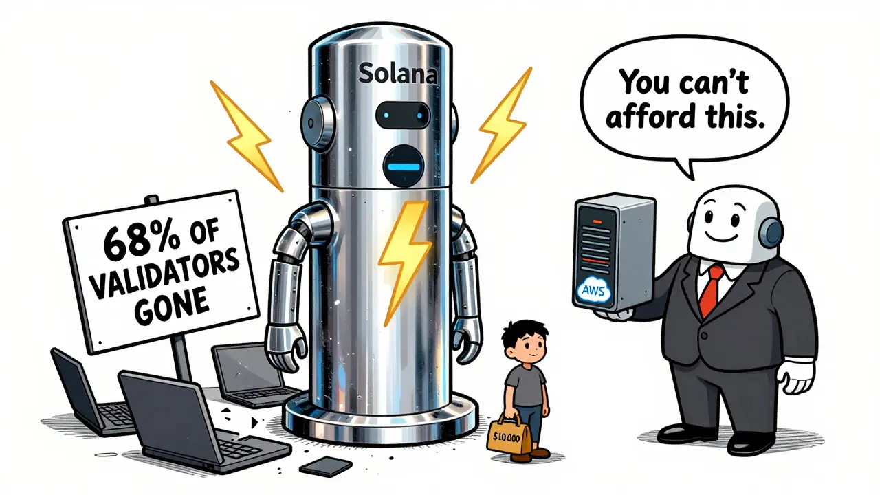 A vintage cartoon of a massive Solana validator tower crushing laptops, with a tiny person holding a toolbag and a corporate robot holding a cloud server.