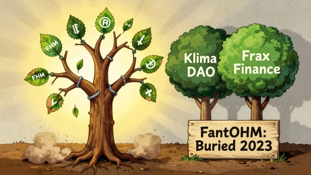 A withered FHM leaf falls from a dead blockchain tree beside thriving crypto projects.