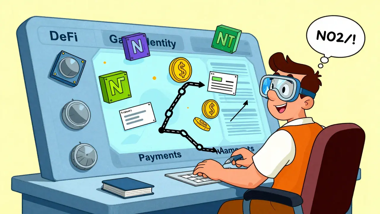 An engineer operates a web3 dashboard with floating cross-chain tokens, in bright 1960s cartoon style.