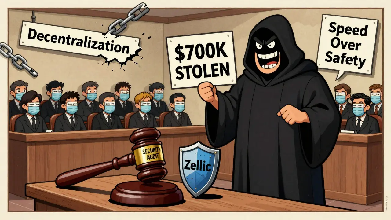 Cartoon courtroom scene with a fragile audit shield being crushed by a hacker holding stolen crypto.