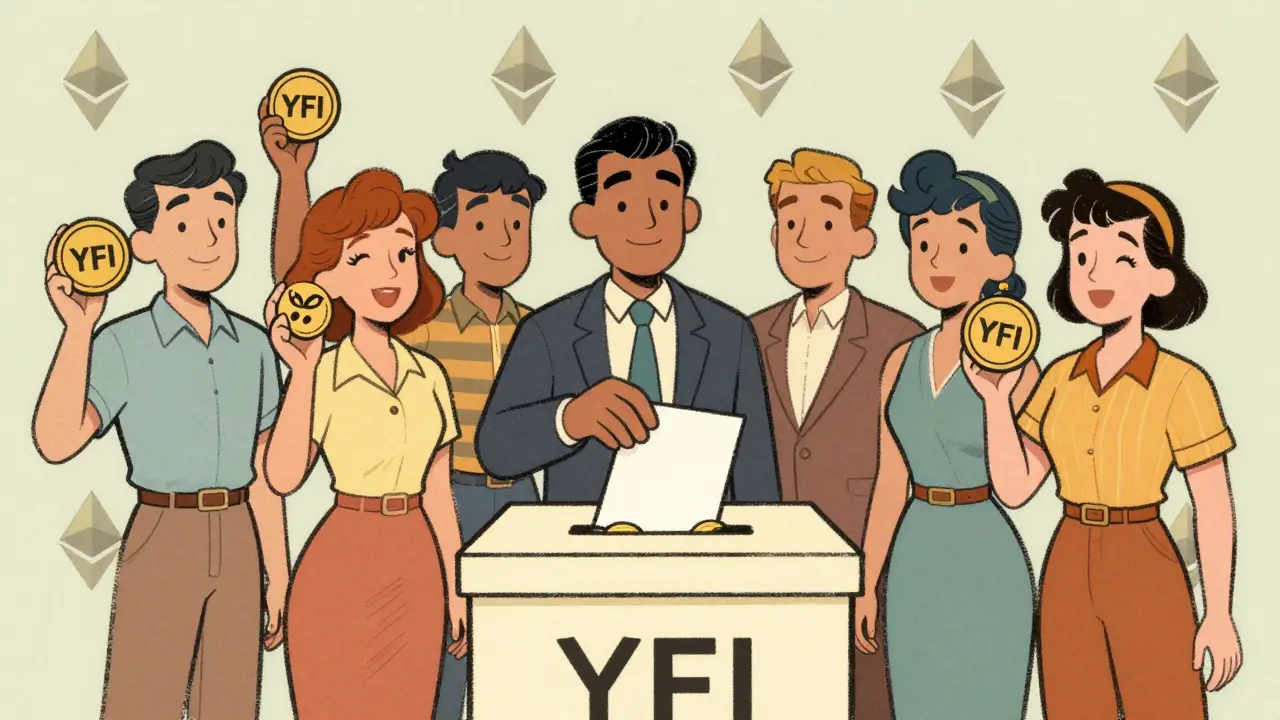 Community members voting with YFI tokens in a ballot box.