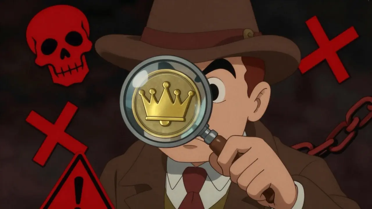 Detective examines crown token with warning signs like skull and broken chain