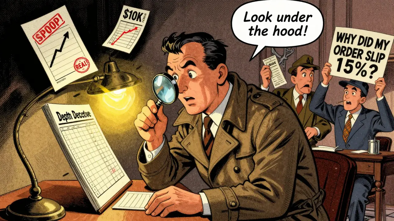 Detective examining order book clues, spotting fake vs real orders amid rising volume and confused traders.