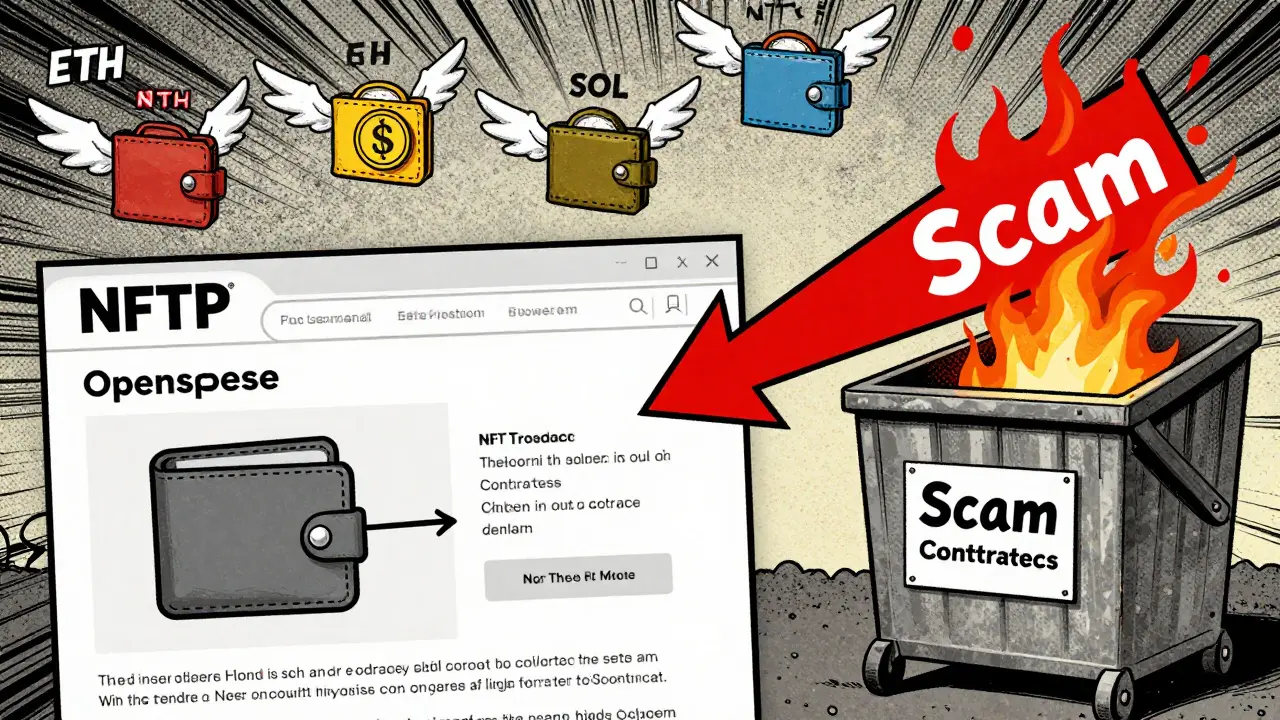 Fake NFTP website luring wallets away, with funds flying into a trash bin labeled 'Scam' in retro comic art style.
