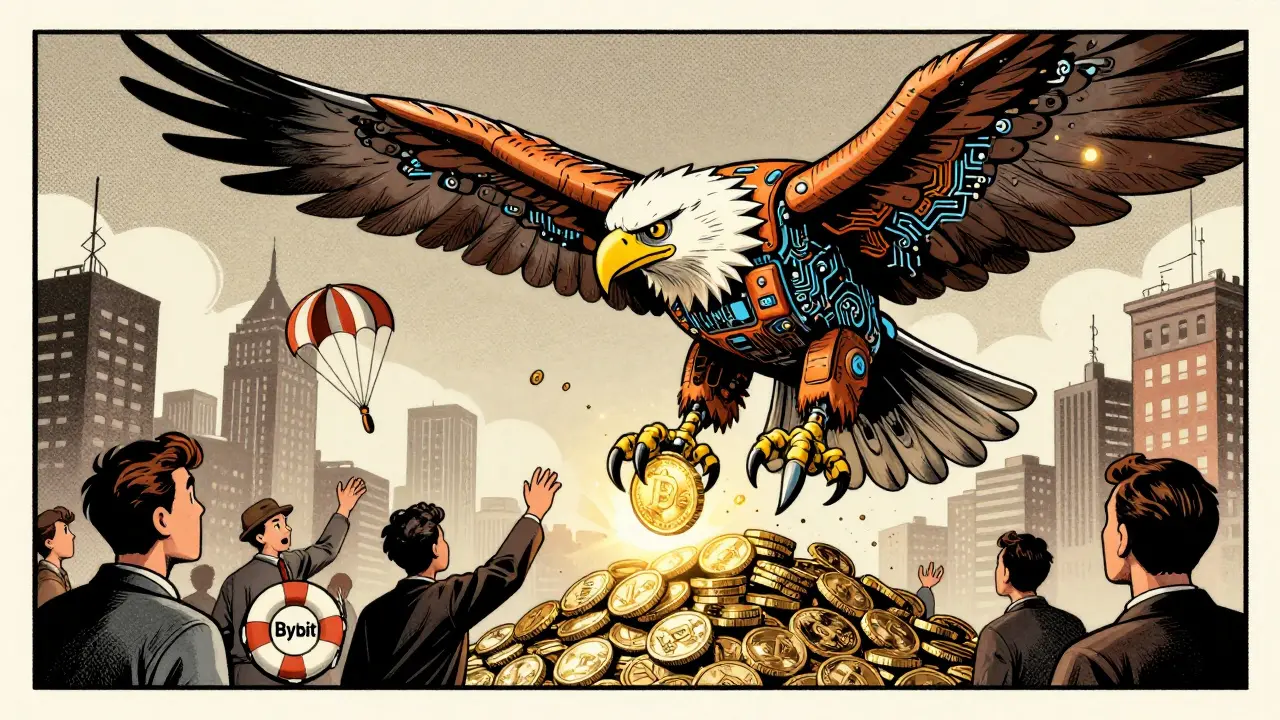 Giant mechanical eagle drops trading signals over a city of crypto coins.